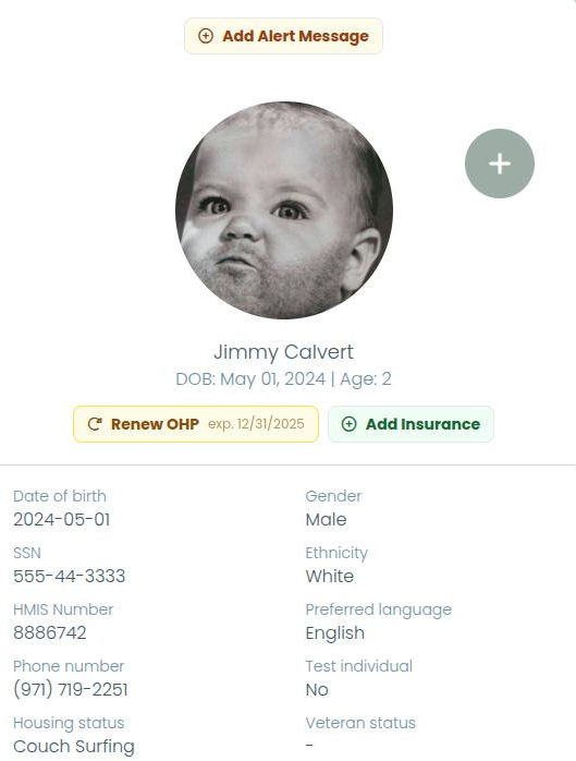 A client profile card in Need Navigator: a black and white photo of a scowling baby, Jimmy Calvert, age 2, with an insurance renewal reminder and the demographic fields his agency chose to show