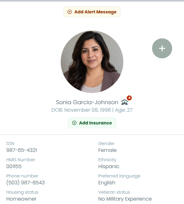 A client profile card in Need Navigator: a smiling woman, Sonia Garcia-Johnson, age 27, with her household badge, an Add Insurance button, and the first rows of the profile fields her agency chose to show