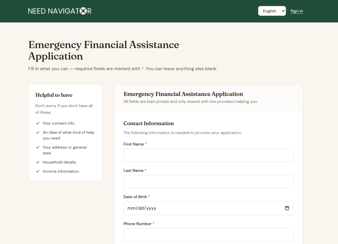 The public intake portal: a green header with the Need Navigator wordmark, a language selector and sign in link, the application title, a Helpful to have checklist, and the Contact Information section with required first name, last name, date of birth and phone fields